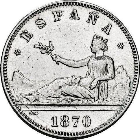 Аверс монеты - 2 песеты 1870 года DEM - цена серебряной монеты - Испания, Временное правительство