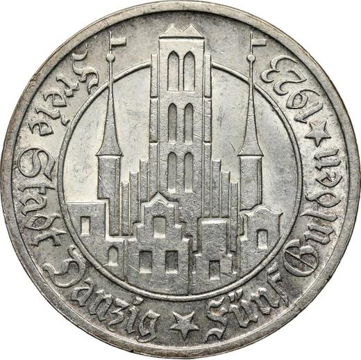 Реверс монеты - 5 гульденов 1923 года "Костел Святой Марии" - цена серебряной монеты - Польша, Вольный город Данциг