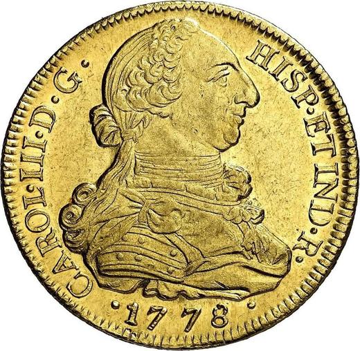 Аверс монеты - 8 эскудо 1778 года P SF - цена золотой монеты - Колумбия, Карл III