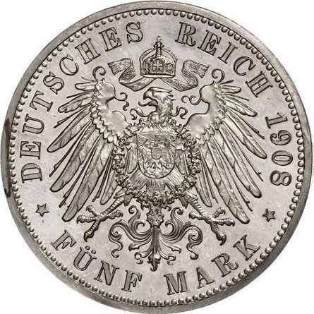 Reverso 5 marcos 1908 A "Prusia" - valor de la moneda de plata - Alemania, Imperio alemán