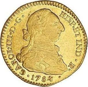 Аверс монеты - 2 эскудо 1784 года P SF - цена золотой монеты - Колумбия, Карл III