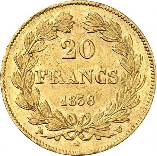 Реверс монеты - 20 франков 1836 года W "Тип 1832-1848" Лилль - цена золотой монеты - Франция, Луи-Филипп I