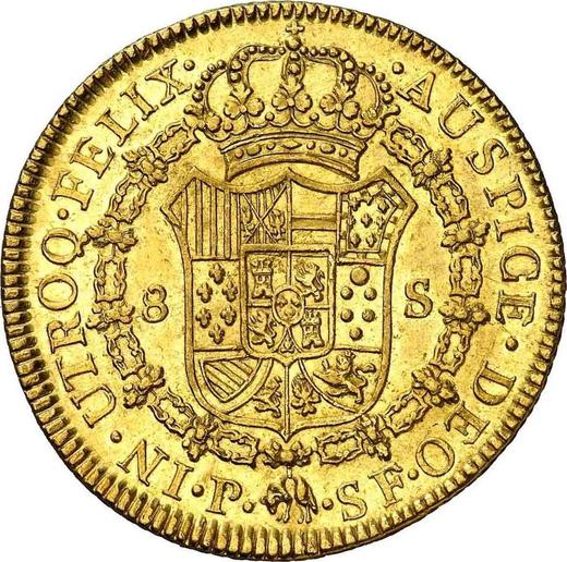 Реверс монеты - 8 эскудо 1787 года P SF - цена золотой монеты - Колумбия, Карл III