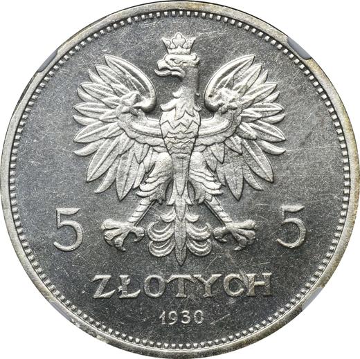 Awers monety - PRÓBA 5 złotych 1930 "Nike" Srebro Lustrzany - cena srebrnej monety - Polska, II Rzeczpospolita