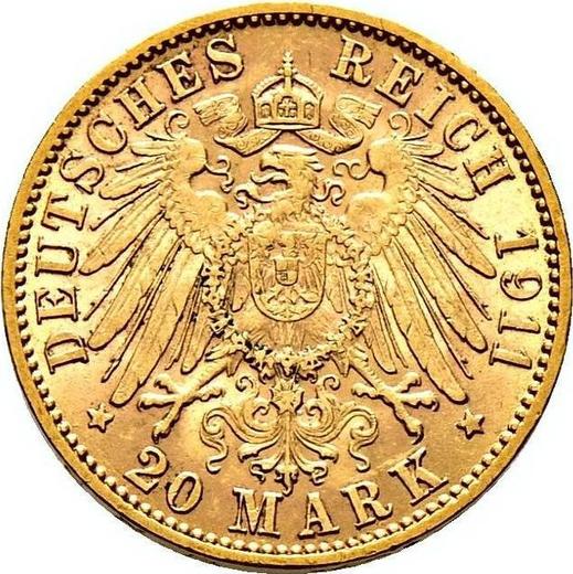 Реверс монеты - 20 марок 1911 года G "Баден" - цена золотой монеты - Германия, Германская Империя
