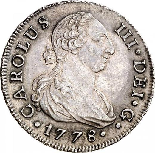 Аверс монеты - 8 реалов 1778 года S CF - цена серебряной монеты - Испания, Карл III