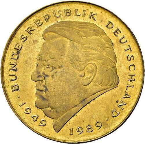Awers monety - 2 marki 1990 F "Franz Josef Strauss" Mosiądz Rant gładki - cena  monety - Niemcy, RFN
