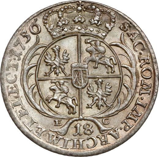 Rewers monety - Ort (18 groszy) 1756 EC "Koronny" - cena srebrnej monety - Polska, August III