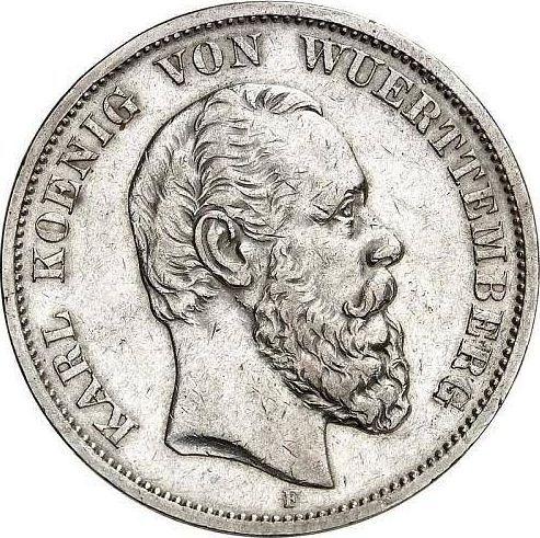 Аверс монеты - 5 марок 1888 года F "Вюртемберг" - цена серебряной монеты - Германия, Германская Империя