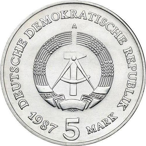 Reverso 5 marcos 1987 A "La Puerta de Brandeburgo" - valor de la moneda  - Alemania, República Democrática Alemana (RDA)