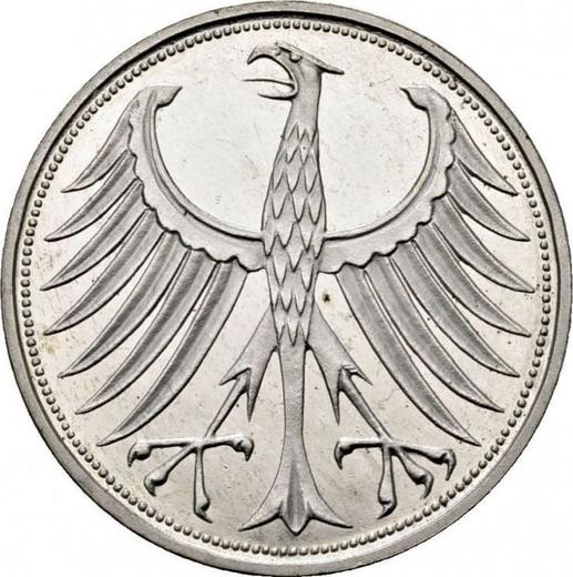 Реверс монеты - 5 марок 1959 года J - цена серебряной монеты - Германия, ФРГ