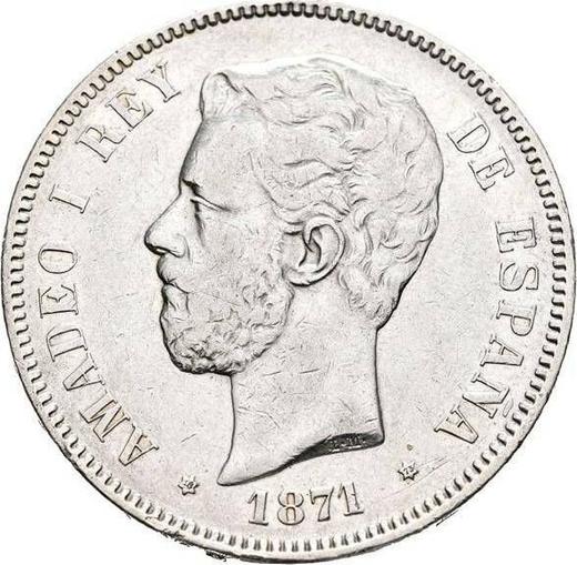 Awers monety - 5 peset 1871 DEM - cena srebrnej monety - Hiszpania, Amadeusz I