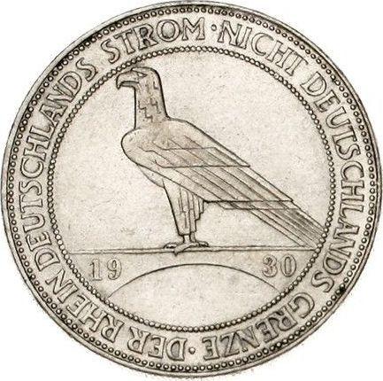 Reverso 5 Reichsmarks 1930 D "Liberación de Renania" - valor de la moneda de plata - Alemania, República de Weimar