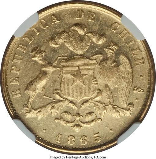 Anverso 5 pesos 1865 So - valor de la moneda de oro - Chile, República
