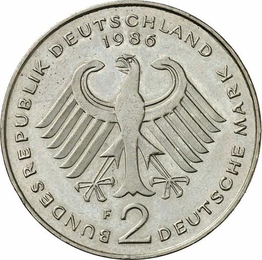 Reverso 2 marcos 1986 F "Theodor Heuss" - valor de la moneda  - Alemania, RFA
