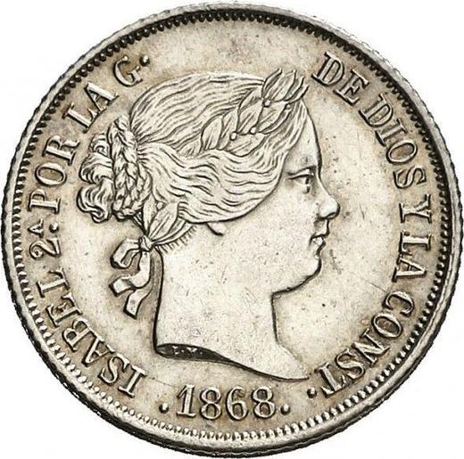 Awers monety - 20 centimos de escudo 1868 Sześcioramienne gwiazdy - cena srebrnej monety - Hiszpania, Izabela II