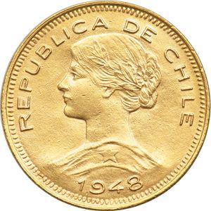 Awers monety - 100 peso 1948 So - cena złotej monety - Chile, Republika (Po denominacji)