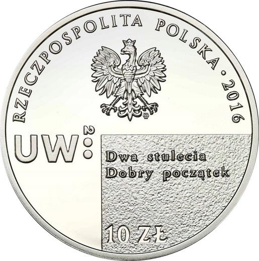 Аверс монеты - 10 злотых 2016 года MW "200 лет Варшавскому университету" - цена серебряной монеты - Польша, III Республика после деноминации