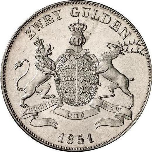 Реверс монеты - 2 гульдена 1851 года - цена серебряной монеты - Вюртемберг, Вильгельм I