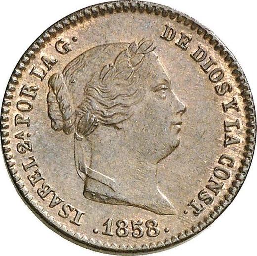 Аверс монеты - 5 сентимо реал 1858 года - цена  монеты - Испания, Изабелла II