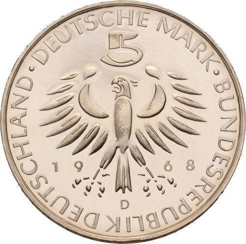 Реверс монеты - 5 марок 1968 года D "Петтенкофер" - цена серебряной монеты - Германия, ФРГ