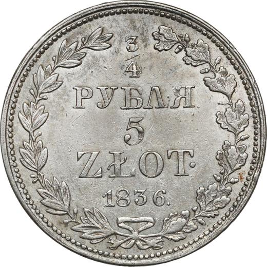 Reverso 3/4 rublo - 5 eslotis 1836 MW - valor de la moneda de plata - Polonia, Dominio Ruso