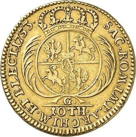 Reverso 10 táleros (2 augustdores) 1753 G "de Corona" - valor de la moneda de oro - Polonia, Augusto III