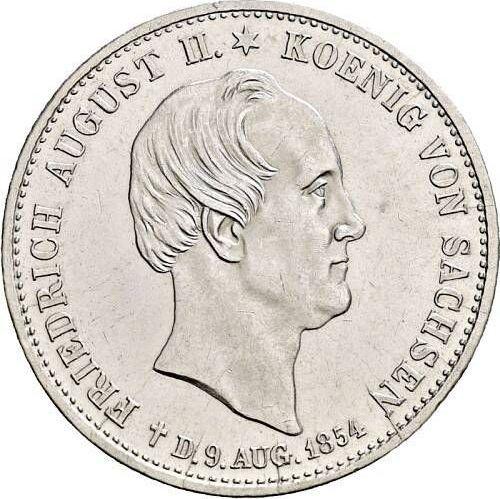 Аверс монеты - Талер 1854 года F "Смерть короля" Гурт "SEGEN DES BERGBAUS" - цена серебряной монеты - Саксония-Альбертина, Фридрих Август II
