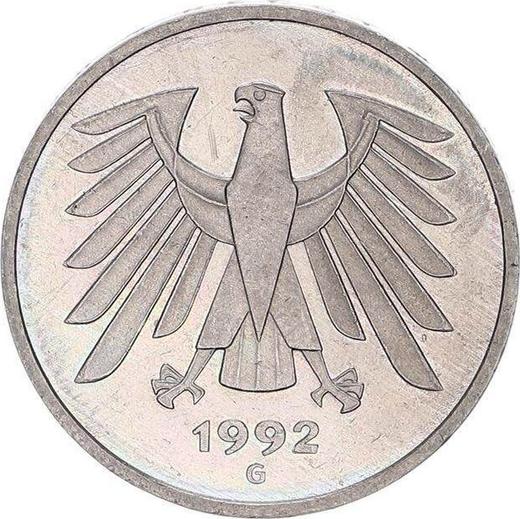Reverso 5 marcos 1992 G - valor de la moneda  - Alemania, RFA