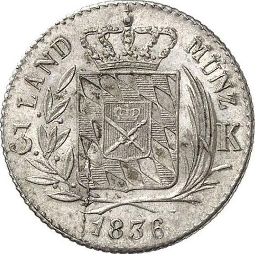 Rewers monety - 3 krajcary 1836 - cena srebrnej monety - Bawaria, Ludwik I
