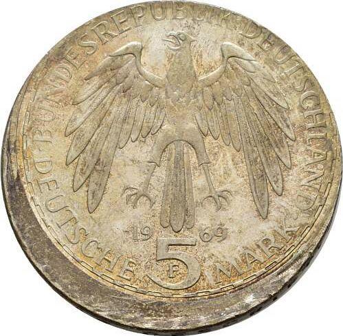 Реверс монеты - 5 марок 1969 года F "Герард Меркатор" Смещение штемпеля - цена серебряной монеты - Германия, ФРГ