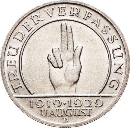 Reverse 5 Reichsmark 1929 D "Constitution" - Silver Coin Value - Germany, Weimar Republic