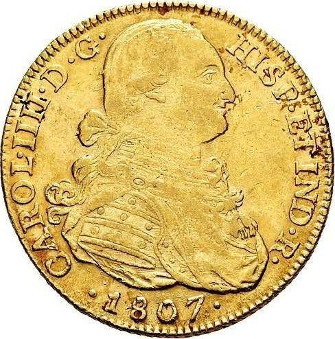 Anverso 8 escudos 1807 NR JJ - valor de la moneda de oro - Colombia, Carlos IV