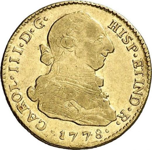 Аверс монеты - 2 эскудо 1778 года P SF - цена золотой монеты - Колумбия, Карл III