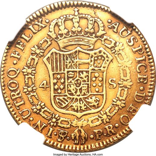 Реверс монеты - 4 эскудо 1779 года PTS PR - цена золотой монеты - Боливия, Карл III
