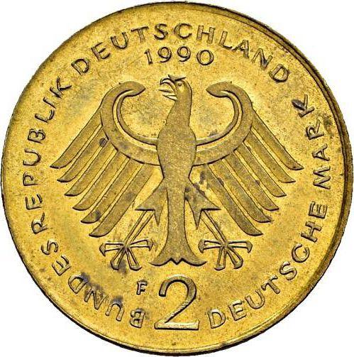 Реверс монеты - 2 марки 1990 года F "Франц Йозеф Штраус" Латунь Гурт гладкий - цена  монеты - Германия, ФРГ