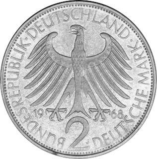 Реверс монеты - 2 марки 1968 года J "Планк" - цена  монеты - Германия, ФРГ