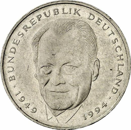 Аверс монеты - 2 марки 1994 года F "Вилли Брандт" - цена  монеты - Германия, ФРГ