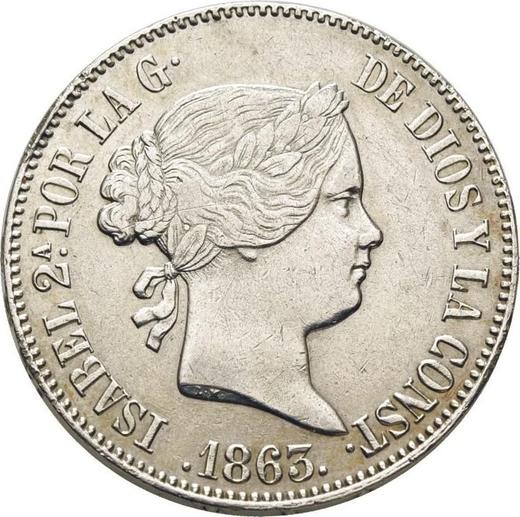 Аверс монеты - 10 реалов 1863 года Шестиконечные звёзды - цена серебряной монеты - Испания, Изабелла II