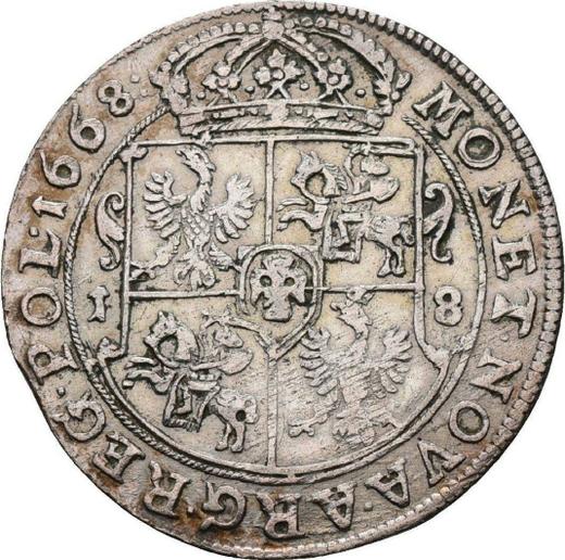 Reverso Ort (18 groszy) 1668 TLB "Escudo de armas recto" - valor de la moneda de plata - Polonia, Juan II Casimiro
