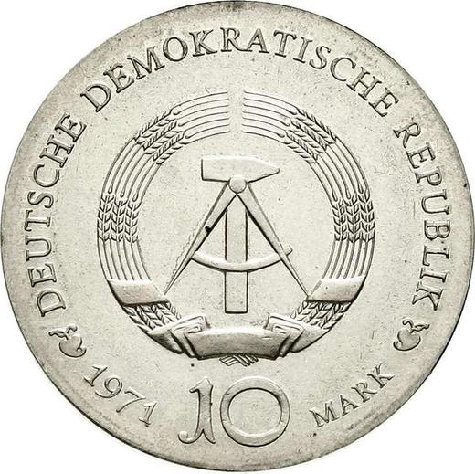 Reverso 10 marcos 1971 "Albrecht Dürer" Canto liso - valor de la moneda de plata - Alemania, República Democrática Alemana (RDA)