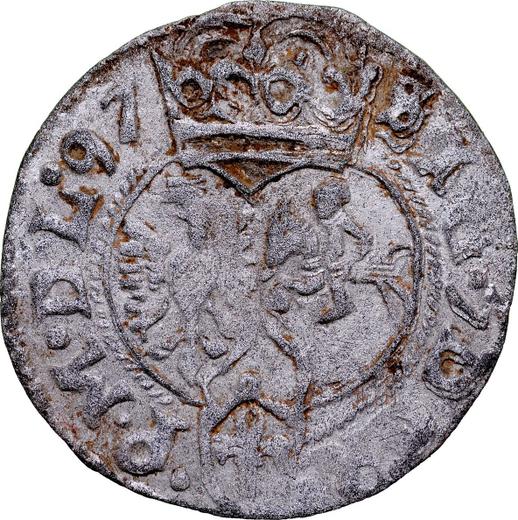 Реверс монеты - Шеляг 1597 года IF "Познаньский монетный двор" - цена серебряной монеты - Польша, Сигизмунд III Ваза