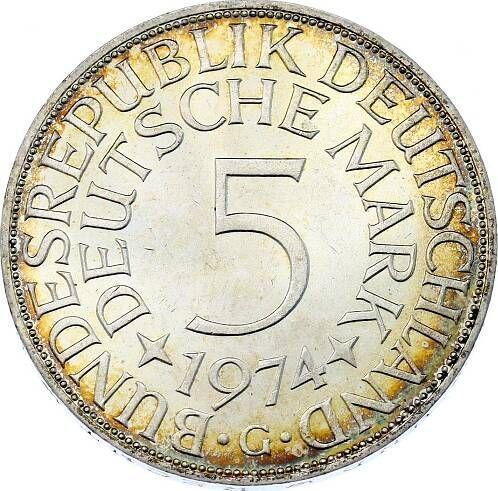 Аверс монеты - 5 марок 1974 года G - цена серебряной монеты - Германия, ФРГ