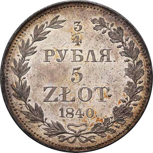 Reverso 3/4 rublo - 5 eslotis 1840 MW Cola estrecha - valor de la moneda de plata - Polonia, Dominio Ruso