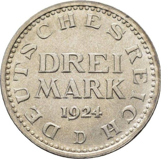 Reverso 3 marcos 1924 D "Tipo 1924-1925" - valor de la moneda de plata - Alemania, República de Weimar