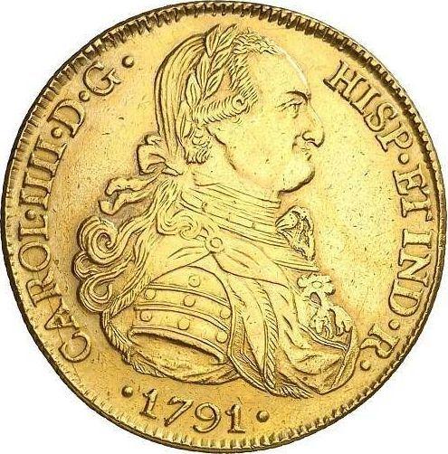 Аверс монеты - 8 эскудо 1791 года PTS PR - цена золотой монеты - Боливия, Карл IV