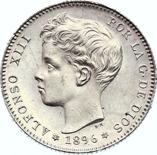 Аверс монеты - 1 песета 1896 года PGV - цена серебряной монеты - Испания, Альфонсо XIII