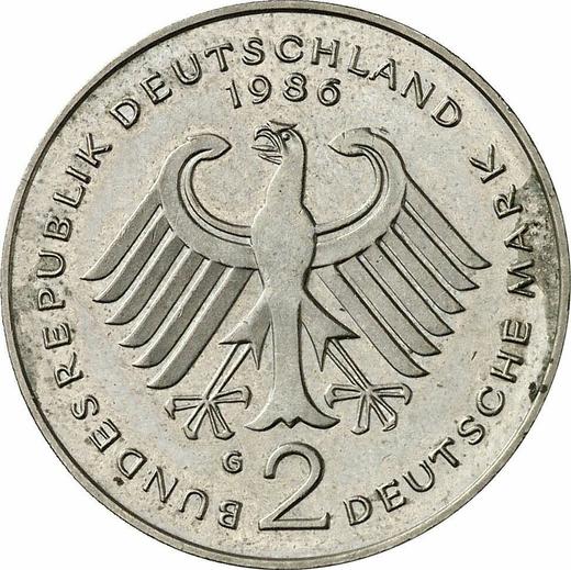 Reverso 2 marcos 1986 G "Kurt Schumacher" - valor de la moneda  - Alemania, RFA