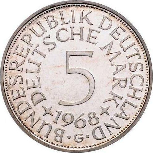 Аверс монеты - 5 марок 1968 года G - цена серебряной монеты - Германия, ФРГ