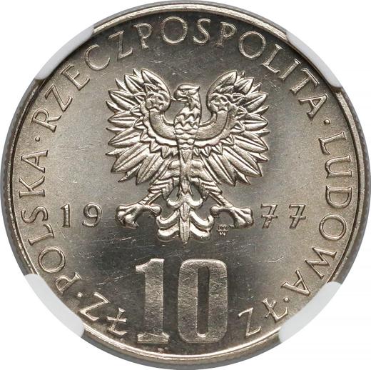 Anverso 10 eslotis 1977 MW "Centenario de la muerte de Bolesław Prus" - valor de la moneda  - Polonia, República Popular